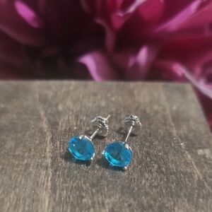 Elegant Round Blue Cubic Zirconia Stud Screwback Earrings Stamped 925 NWOT